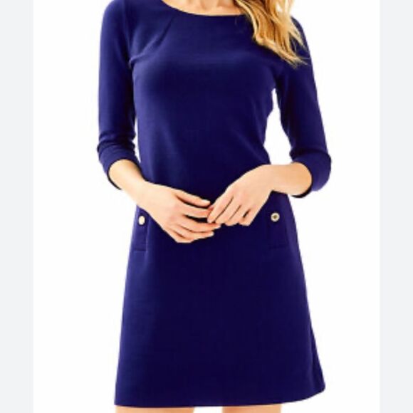 Lilly Pulitzer Charlene Blue Sheath Dress 3/4 Sleeve Scoop Neck in Size Small - Picture 2 of 12